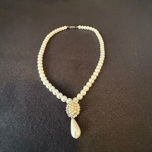 Vintage Faux Pearl Necklace with Rhinestone and Teardrop Pendant